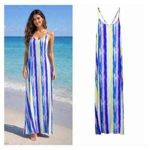 Womens Maxi Dress Medium Rainbow Beachy Resort Coastal Mediterranean Euro Summer